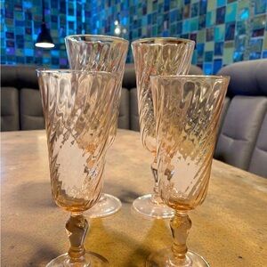 Vintage Pink Depression Glass Champagne Flutes Optic Swirl Pattern Set of 4